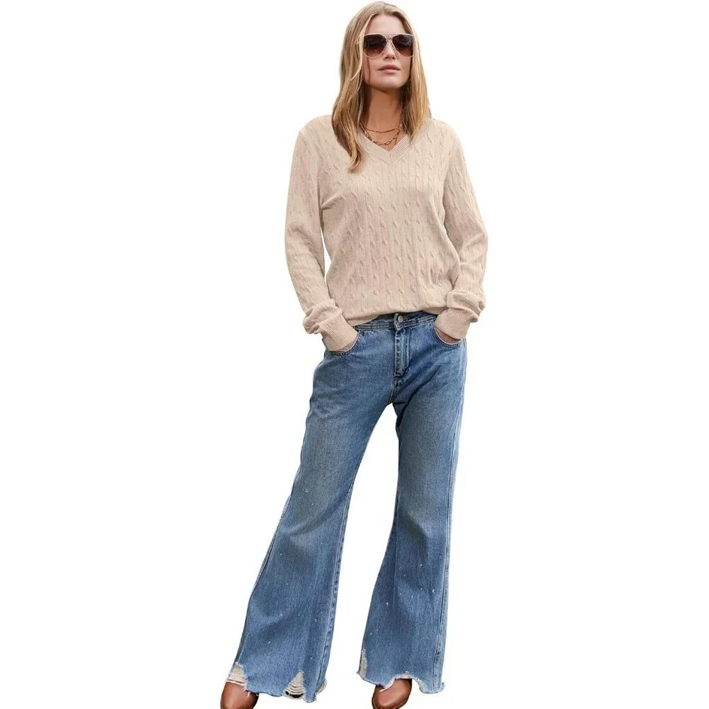 Women's Cable Knit Sweater V Neck Lightweight Fall Casual Business Wear